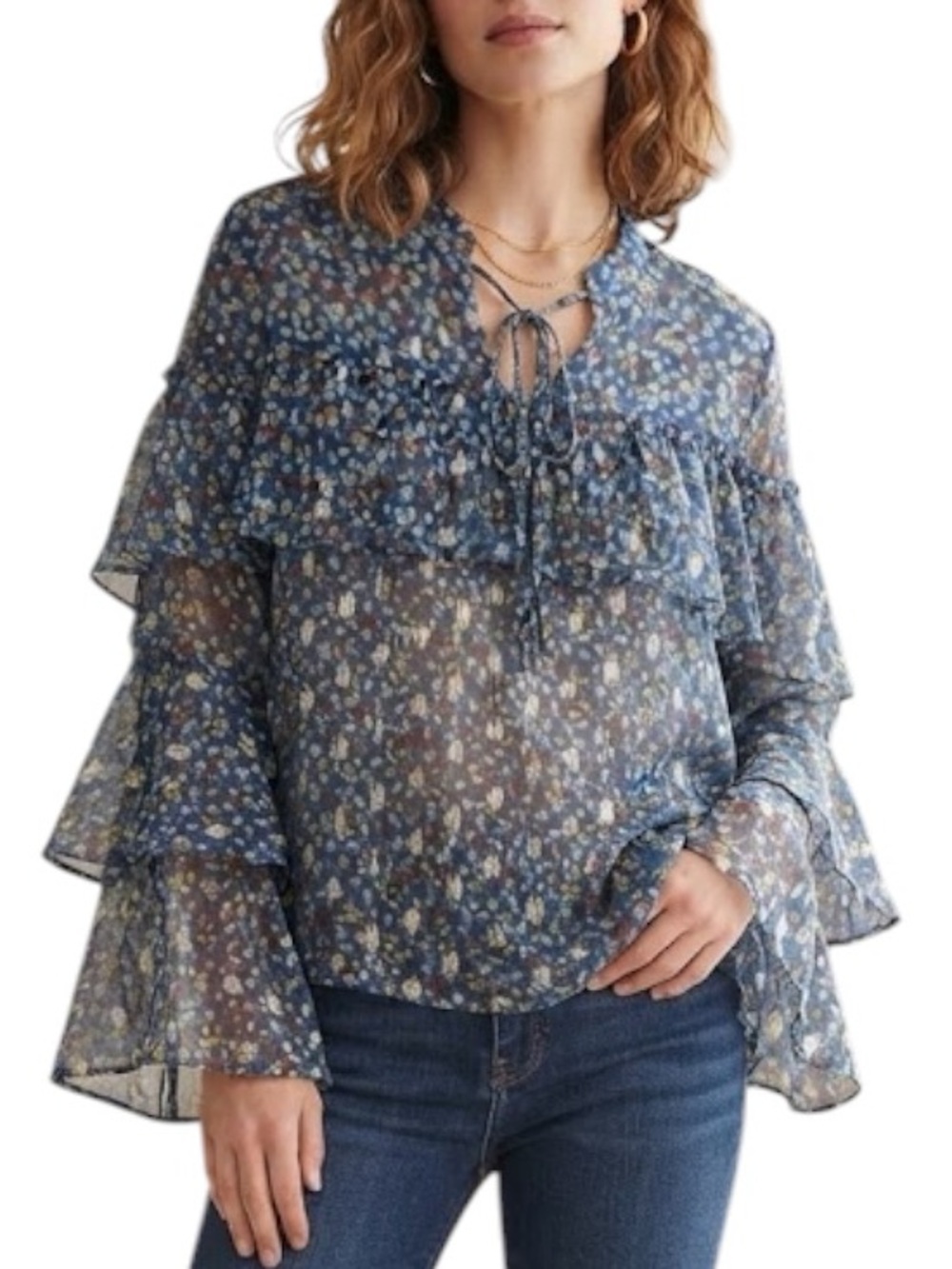 TOP GURL Blue Floral Metallic Ruffle Bell Sleeve Blouse Romantic Whimsigoth L